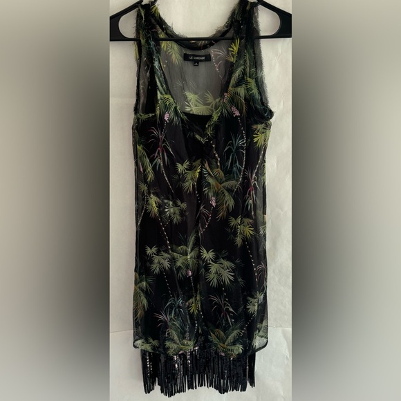 LE SUPERBE Frolic Room Palm Tree Print Sequin
Fringe Dress Black Sleeveless Silk - Picture 3 of 5